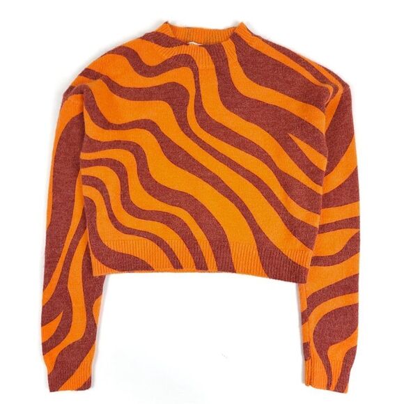 NEW Zara Wool Jacquard Oversized Mock Crop Sweater Orange Animal Swirl Small y2k - Picture 1 of 7